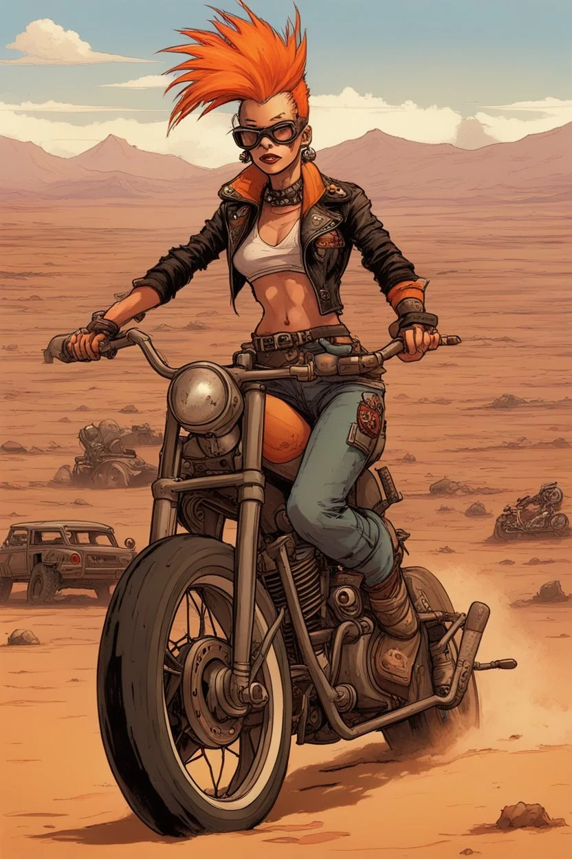 Right, let's think up Tank Girl's latest shenanigans. I picture her zooming across the wastelands on her trusty dragster, her ripped leather jacket and orange Mohawk looking quite spooky in the dust storm winds. The desert stretches out ahead, not another drongo in sight for miles. But somewhere in the sprawl, a spooky sound rises above the howlin' drones. She revs the engine and speeds towards the commotion, trusty boiled lolly in hand just in case of bikie trouble. As her wheels screech around