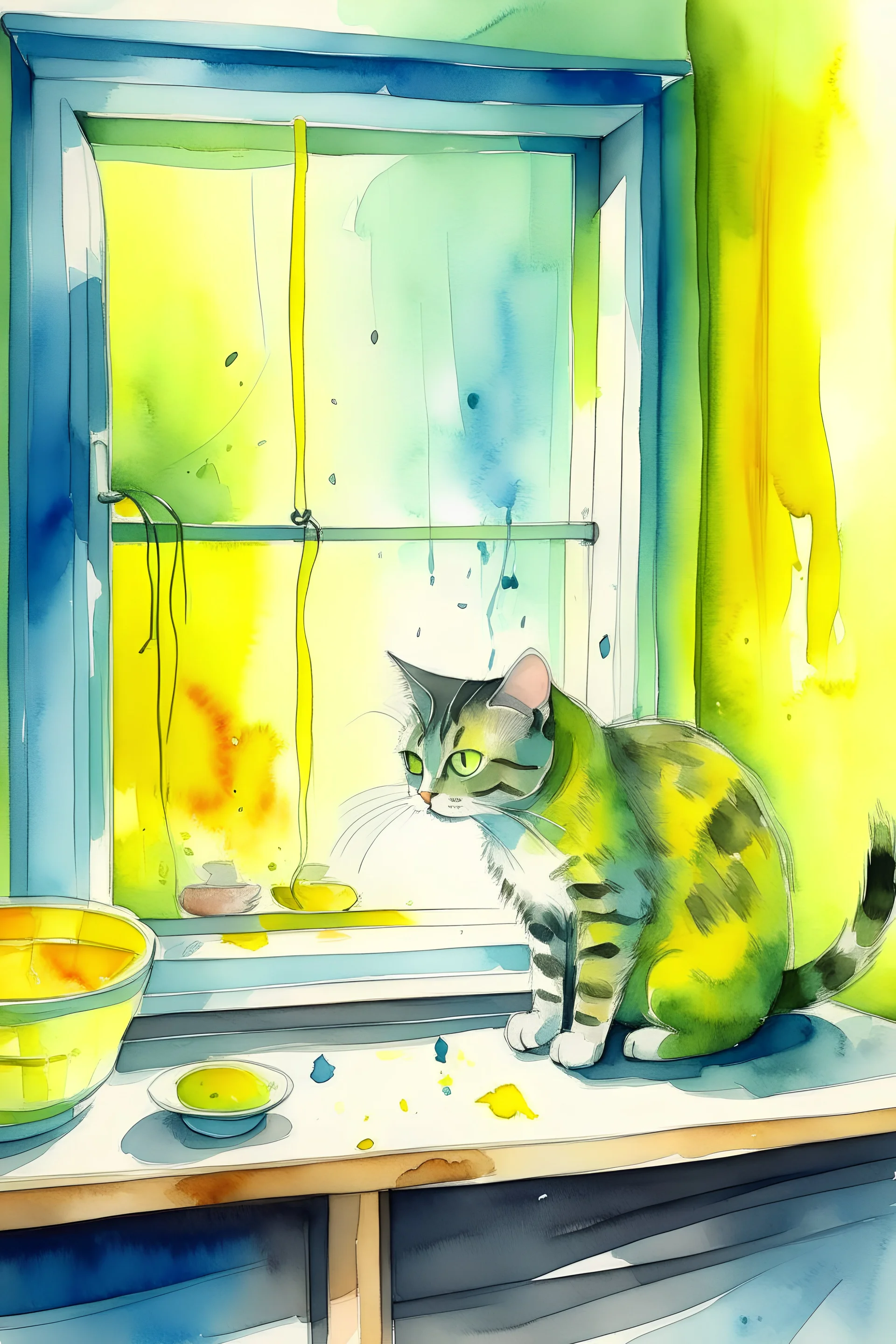 painting of a cat that is pushing a water glass off a shelf with its paw, in the center of the picture with space around it taking up only one third of the image, in watercolour, in the background a yellow wall with a window and curtains, splatter, art, aquarell, pastell, ink, soft, negative space, white outlines