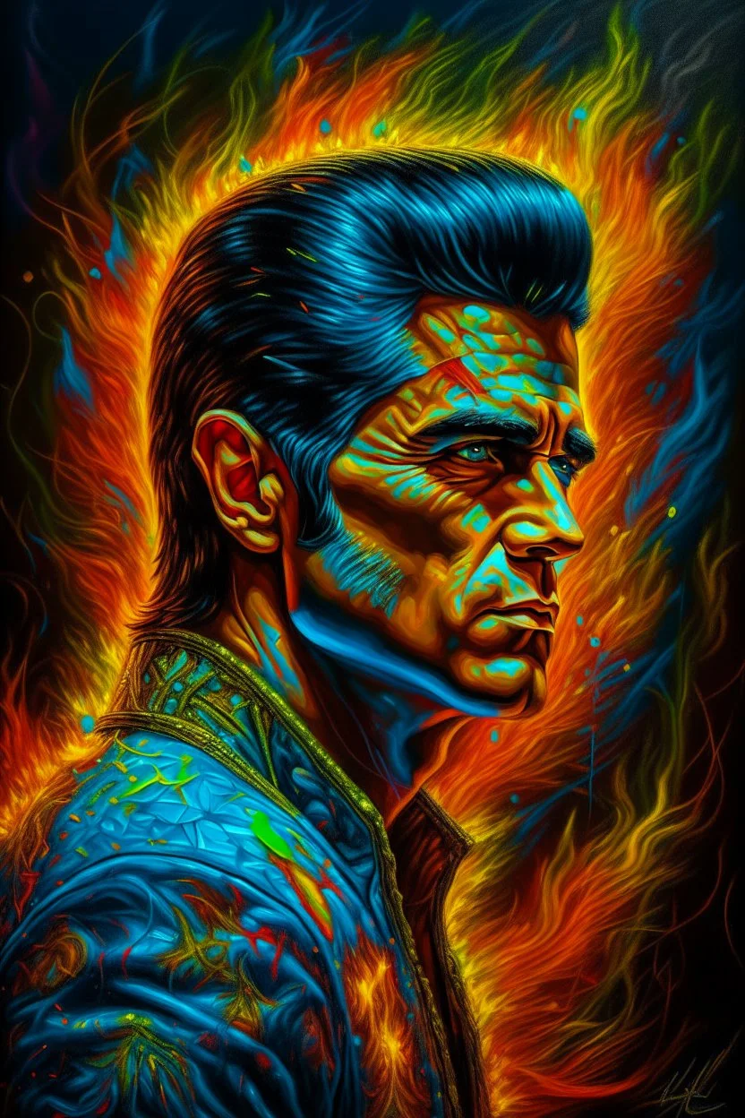 fire, lightning, wind, rain, volcanic lava, fireworks, explosions, multicolored neon lights, Elvis Presley in the art style of Leonardo De Vinci, oil paint on canvas, 32k UHD, hyper realistic, photorealistic, realistic, life-like, extremely detailed, extremely colorful, sharp beautiful professional quality,