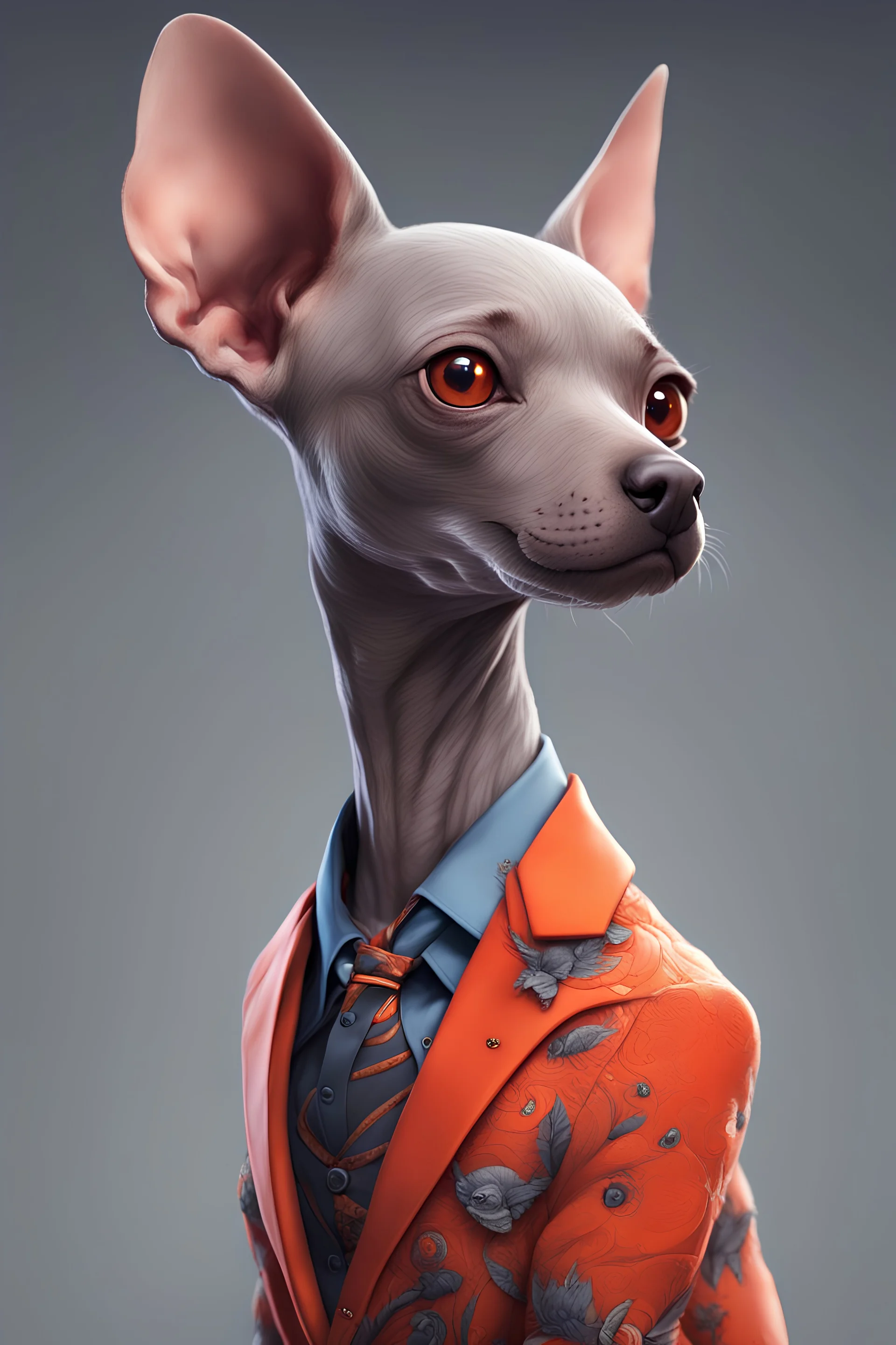 create an image of a hairless xoloitzcuintle puppy, wearing gray and orange suit, with a little bird of all colors perched on its back, red filter, ultra detailed and visually rich concept art illustration of cute complex creatures of living molecules of persona 5, bright and enchanting, illuminated fantasy kingdom, (((rule of thirds))) depth of field intricate details, fantastic kingdom, extremely detailed, ultra-sharp focus, light particles, attention to detail, grandeur and aw