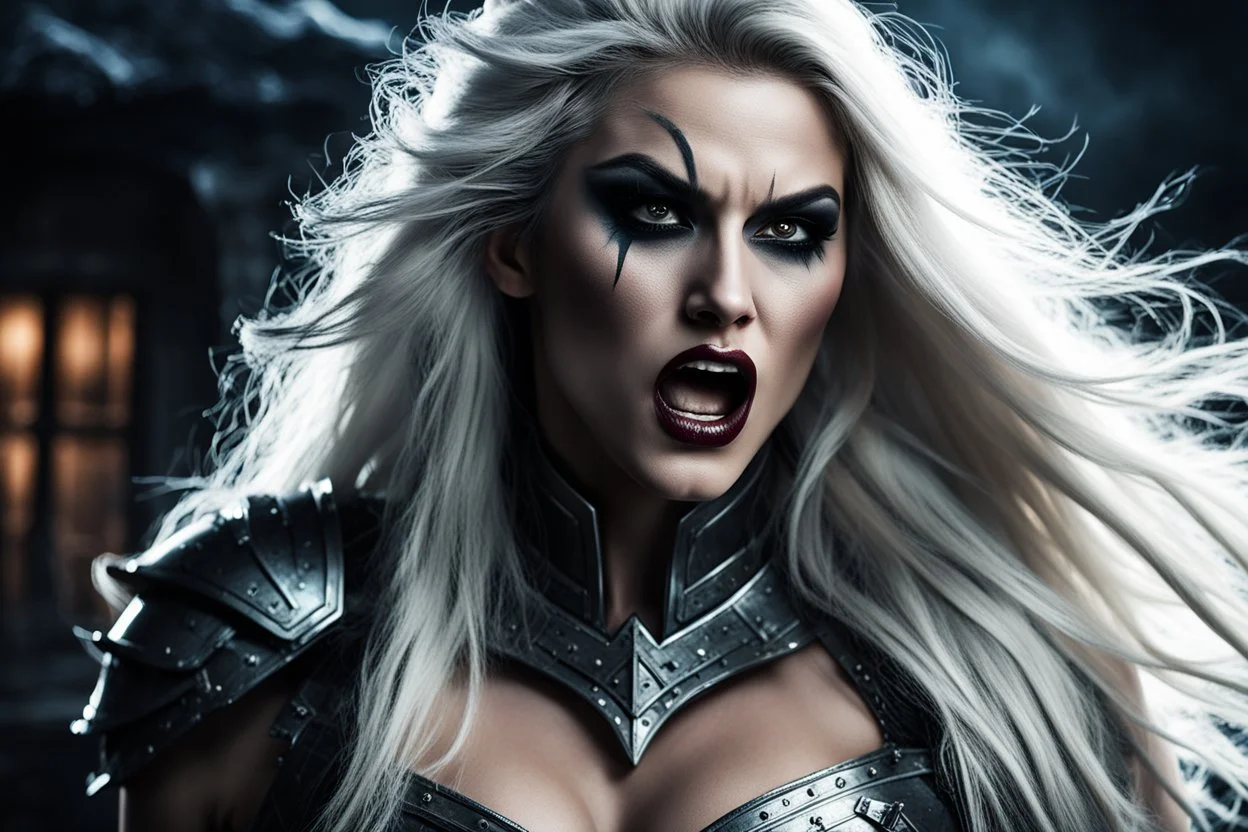 super pretty woman, face close up, good body, white long haired, black make-up, angry mode, she´s screaming, fury, desesperate, white light armor, black halo, darkness house room back ground, moonlight in for the windows, intrincate details, marterpiece, digital photography high quality.