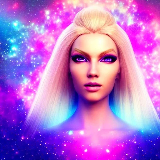 Beautyful woman,galactic , cosmic armor,hair long blond, blue eyes, happy cosmic, bright colors, blue, pink, realistic, photo real, clear sunny background, highly detailed, high contrast, 8k high definition, unreal engine 5, extremely sharp detail, light effect, sunny light background