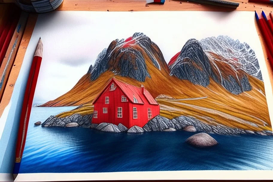 Colored pencil drawing, of the colorful nature of Lofoten Island in Norway, with a characteristic red houses, Ultra Realistic, ultra HD