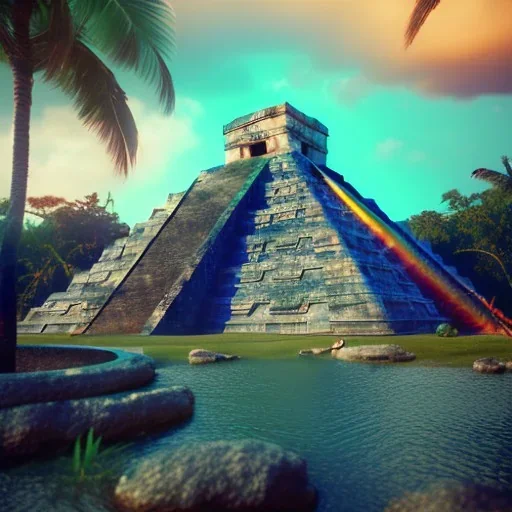 Chichen Itza, sunset, rainbow sunset, waterfall, palms, twigs, spring, sunset rainbow, bridge flying birds, unreal engine 5, cinematic lighting, realistic, hyper detailed, 8k, octane render