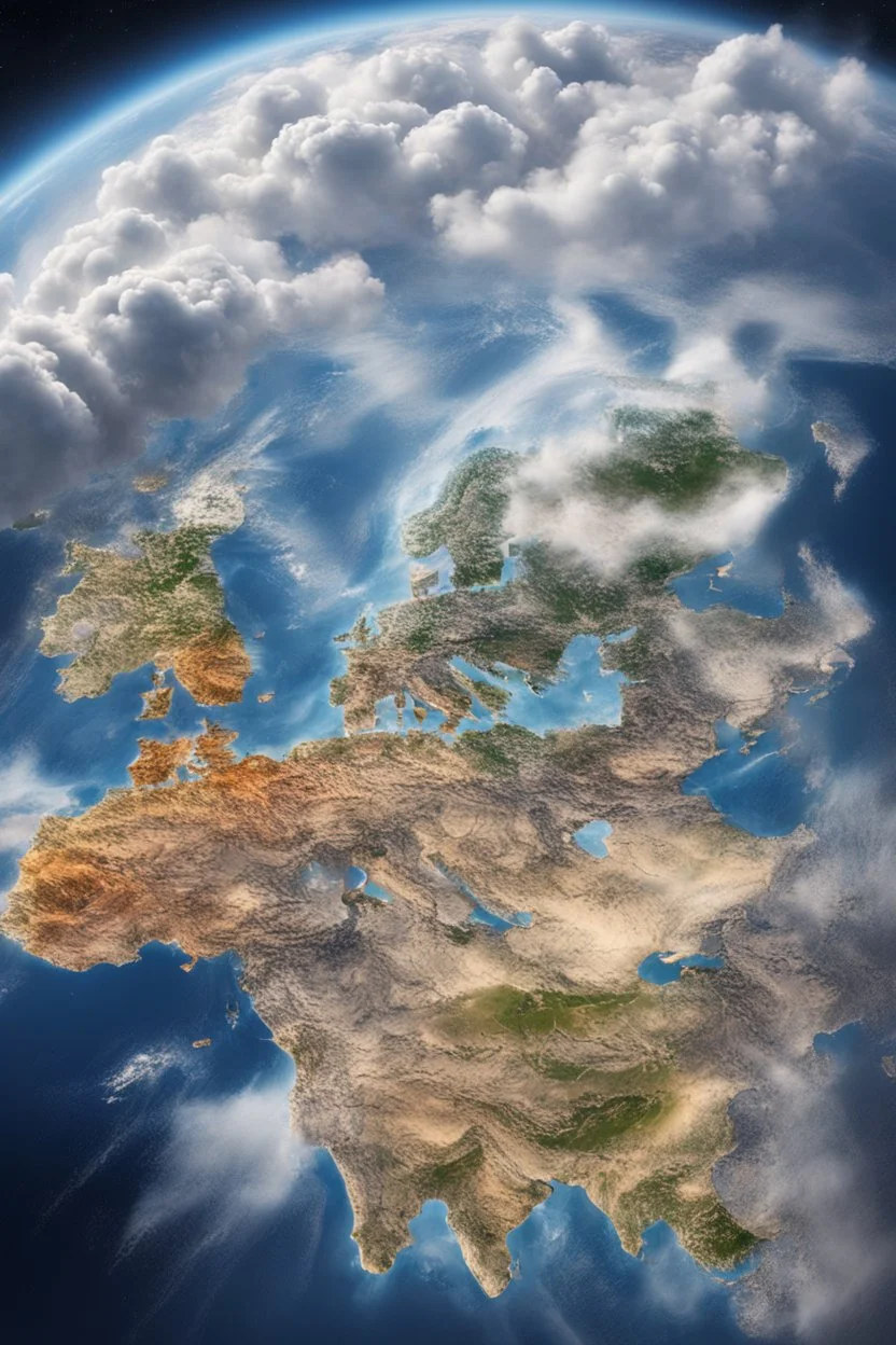 European countries are viewed from space, roads, cities, signs are visible. Highlight the names of the countries on the map. The clouds are naturalistic