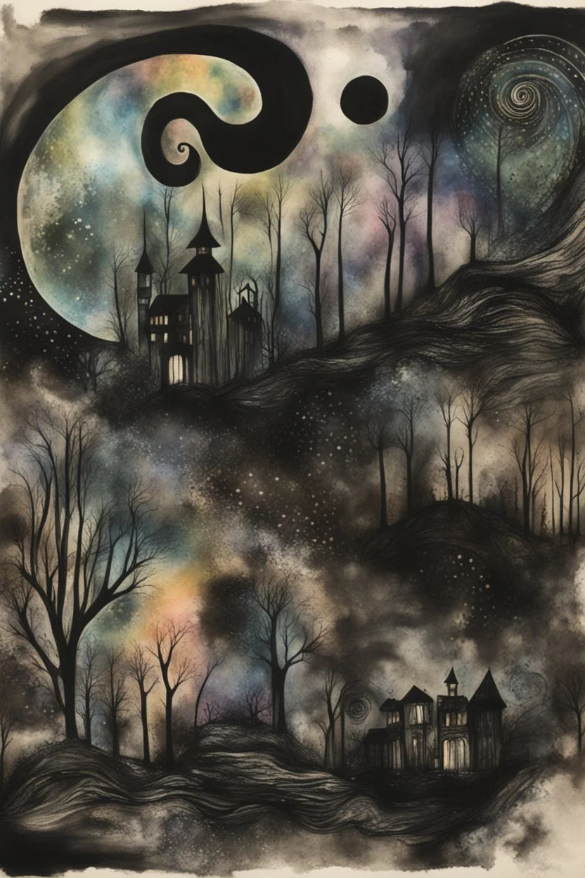 Liminal Dreamscape nightmares; Primitive Art; Ink Wash; Black With Iridescent Pastels