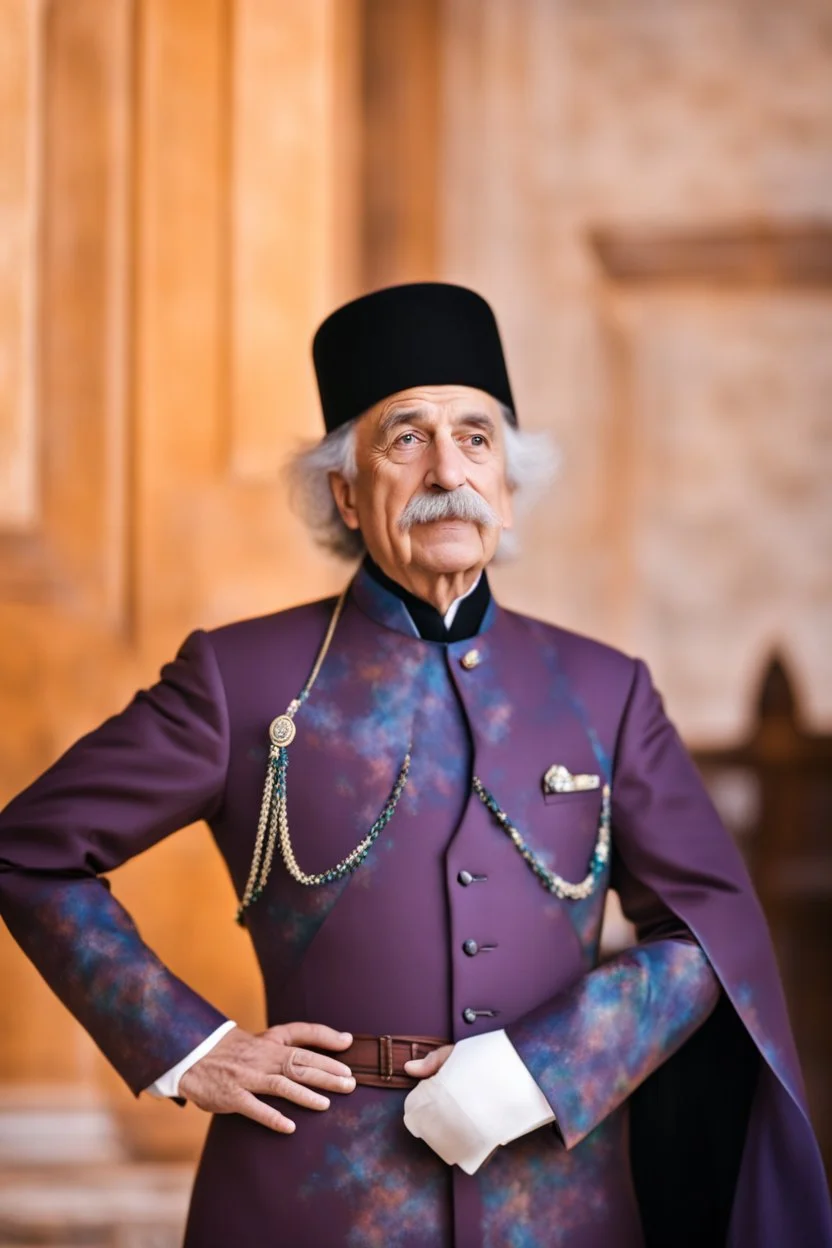 Einstein i n Azerbeyjan traditional costum color full ,upper body ,blury background ,closeup ,sharp focus