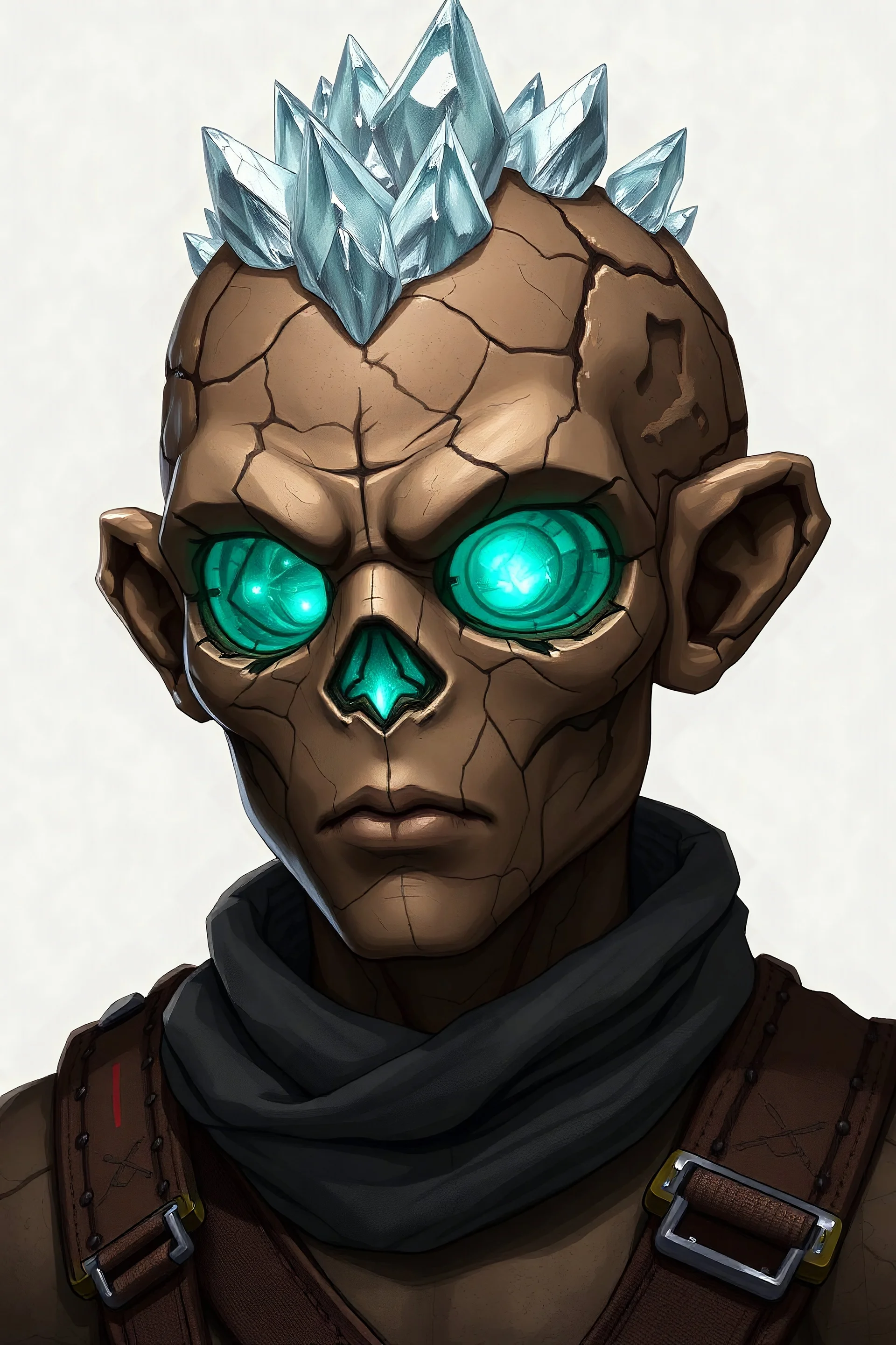 Please generate a male earth genasi. He should have brownish rock like skin sort of like The Thing from marvel. He should have two huge holes on both sides of his head where his ears would be revealing a jagged crystal like interior to his skull. Similar to how a geode would look when cracked open. He should have lines marking his skin like cracks, showing crystal-like veins. Instead of hairs, he has crystal on top of his head that resembles a spikey hairstyle. He wears adventurer clothes