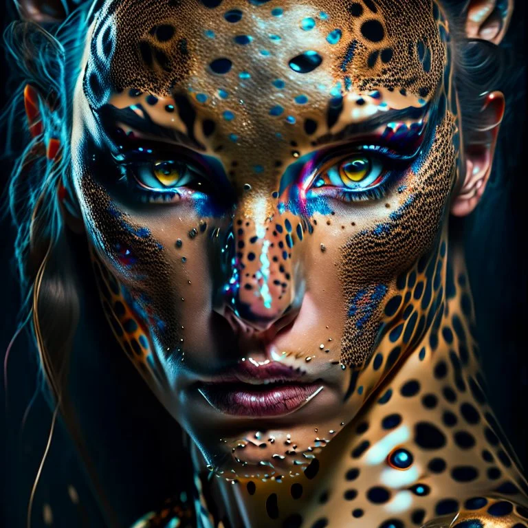 candy leopard, portrayed with the intricate facial features and extremely detailed pupils characteristic of Stefan Gesell's style, blended with the elongated forms and dramatic chiaroscuro reminiscent of El Greco, conveyed through a light painting technique with push processing, incorporating holographic elements for a dreamy, vibrant effect, soft skin texture, clarity achieved, supporting a perfect composition, cinematic atmosphere, delicate detail