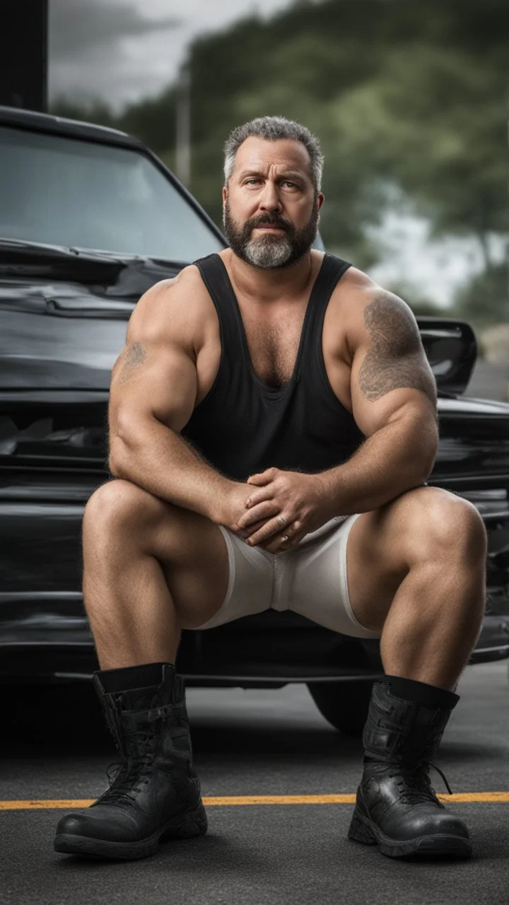 strong burly chubby turkish mechanic 44 years old, curly hair, wet, short white beard, manly chest, hairy, shirtless in bulging dirty white boxer and tank top, big shoulders, tattoo, big calves, barefeet, angry, photorealistic, side light, inside a dark parking lot at night, side neon light, photoRealistic, view from the ground