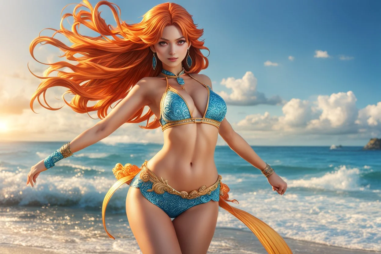 Hot Nami in 8k live action anime artstyle, beach custom, dynamic pose, intricate details, highly detailed, high details, detailed portrait, masterpiece,ultra detailed, ultra quality