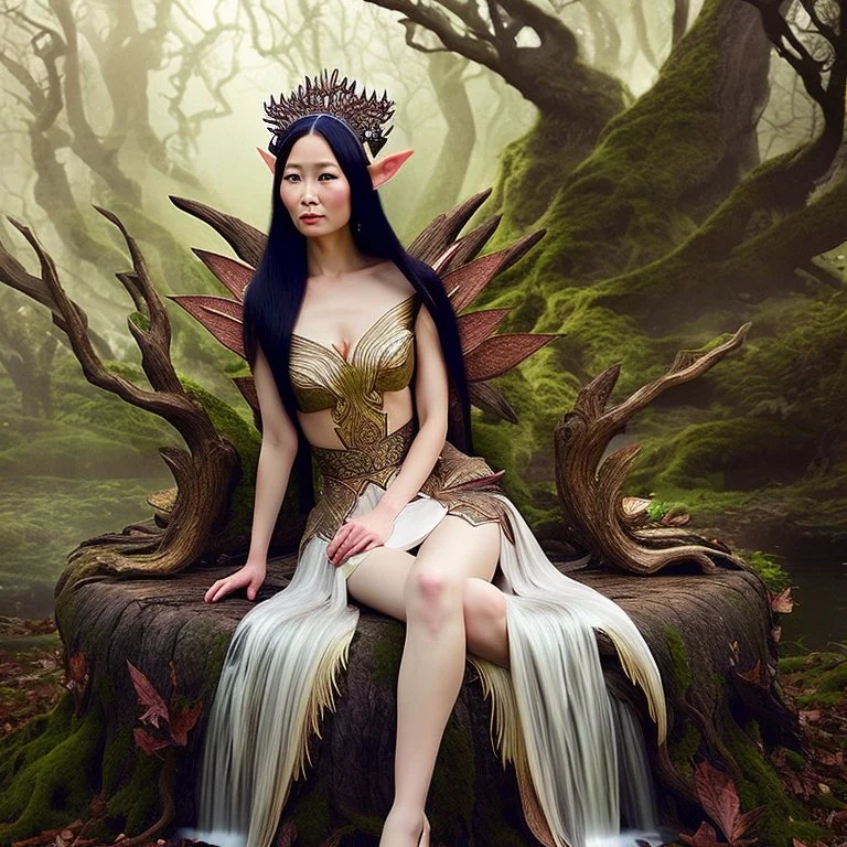 A beautiful as a model asian woodland elf princess who looks like Lucy Liu seated on a throne in a mystical forest