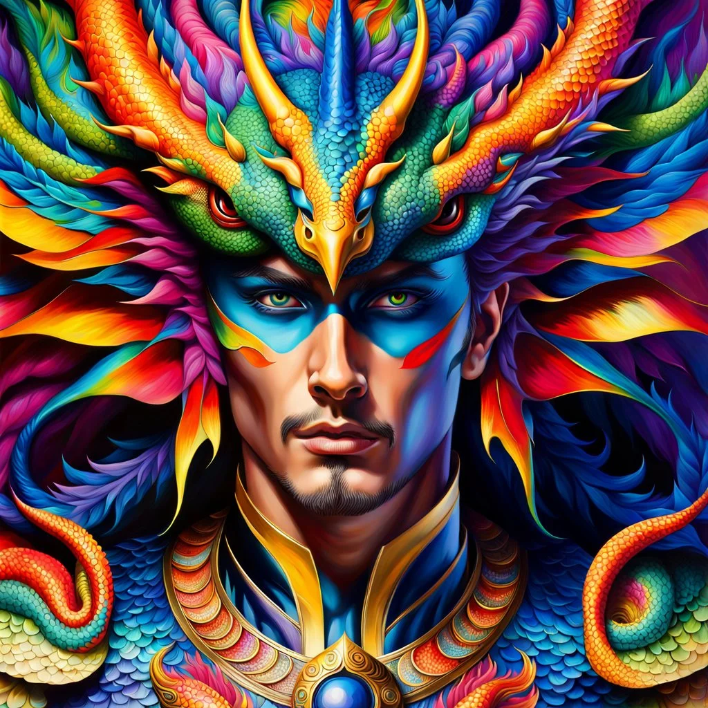 Hermosa pintura colorida de Dragman con antifaz de dragón en los ojos y en lacabeza, calidad ultra, hiperdetallado, increíble obra de arte, maximalista,12k