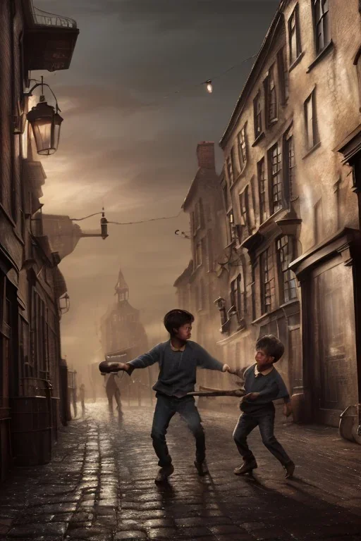 photorealistic painting of young boy fighting old boy, industrial era, night time, people in background, diagon alley