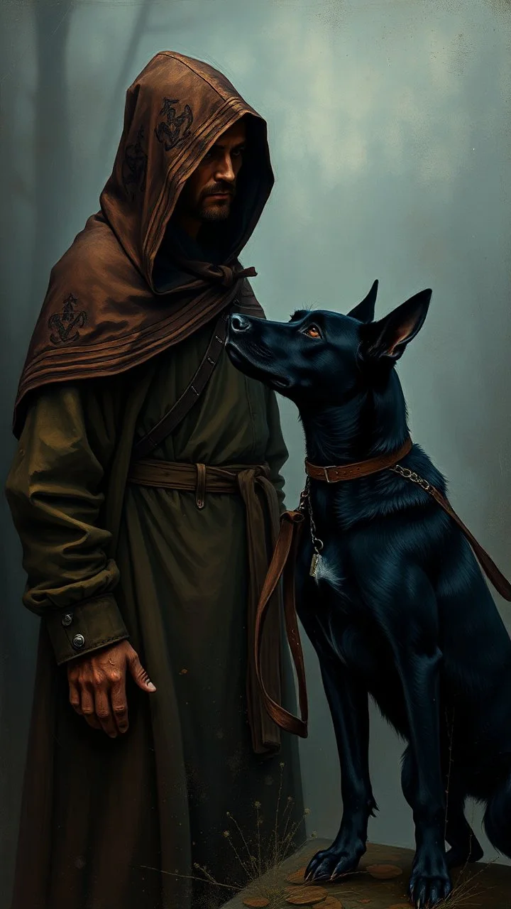 Hieronymus Bosch and Van Gogh styles , a hooded man with a black ,dog is standing by looking at you In foggy smoky background