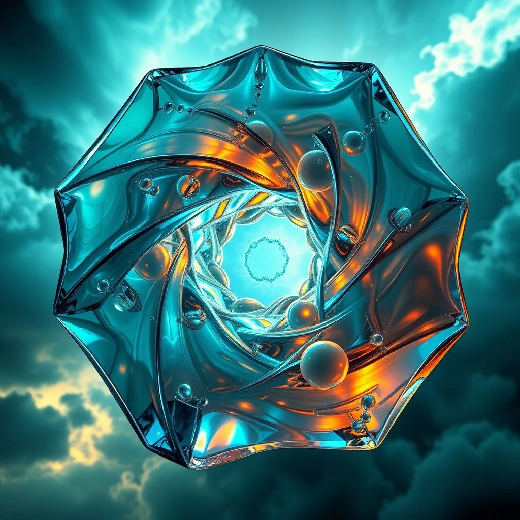Dynamic hypnotic fractal 3D structures hexogonal Symmetry twisting and morphing between organic and geometric forms , smooth translucent iridescent glass with inner glow and bubbles, varied transparent materials, stormy skies, intense dramatic
