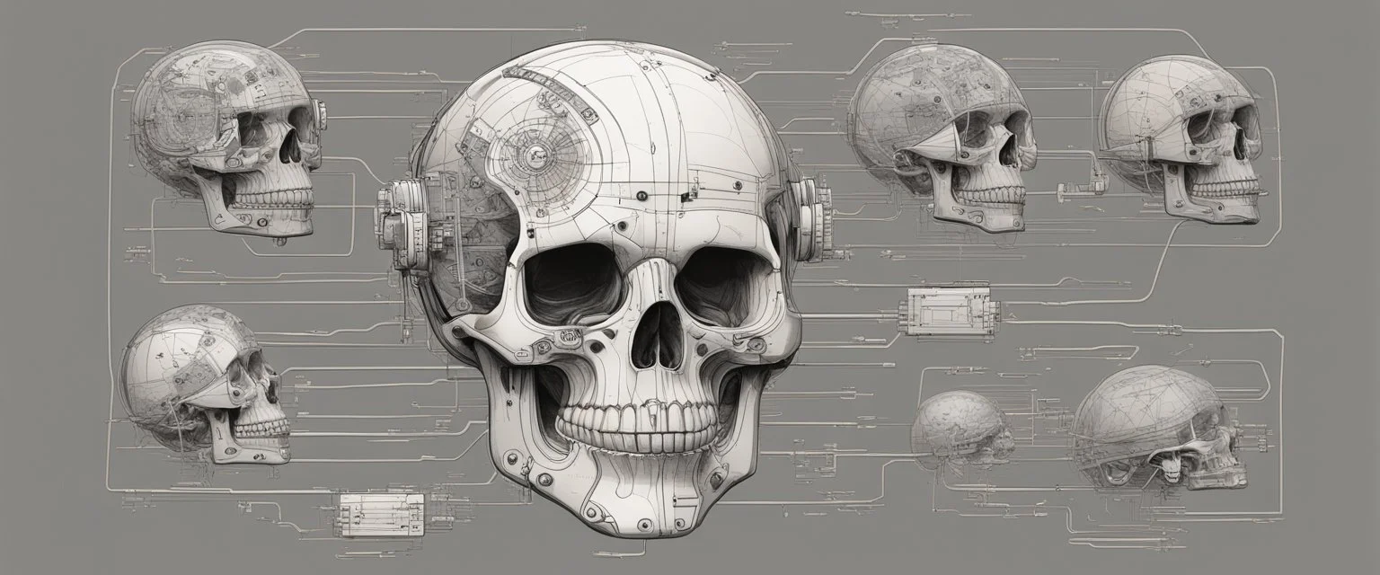 An Andy Warhol style illustration of a set of schematics for a cyborg skull, digital illustration, extreme detail, digital art, 4k, ultra hd, graphite pencil drawing, realistic, fine art, vray, 3d mandelbulber, octane 3d, digital painting, realistic and natural, cosmic sky, detailed full-color, hd photography, realistic surrealism, elements by dr. frankenstein detailed, gloss, hyperrealism, random neon wiring dayglo effects,and background color, industrial background, as a poster with more neon