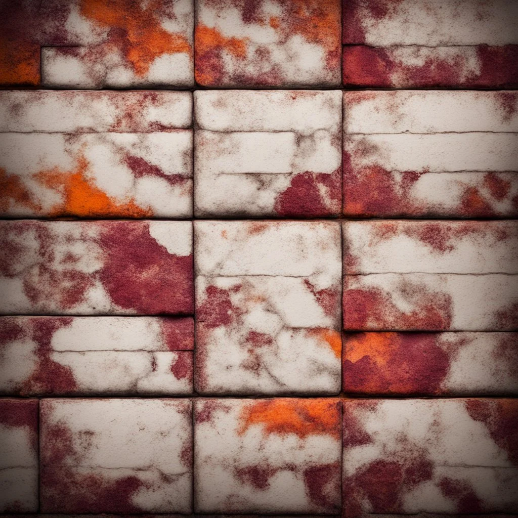 Hyper Realistic marble patterned bricks maroon & orange on rustic grungy background with vignette effect