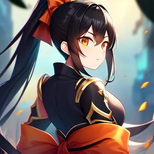 girl, masterpiece, best quality, volumetric lighting, detailed outfit, perfect eyes, long hair, black hair, orange eyes, obi, ponytail, angry, looking back,