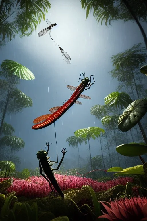 large venus fly trap with teeth eating a dragonfly, flowers, jungle, hyperrealistic, trees in background, digital art, alien like, disgusting, intricate, morbid, rainy, sinister, volumetric lighting, unreal engine, high resolution, 8k, depressing colors, dark colors, horror, horrific,