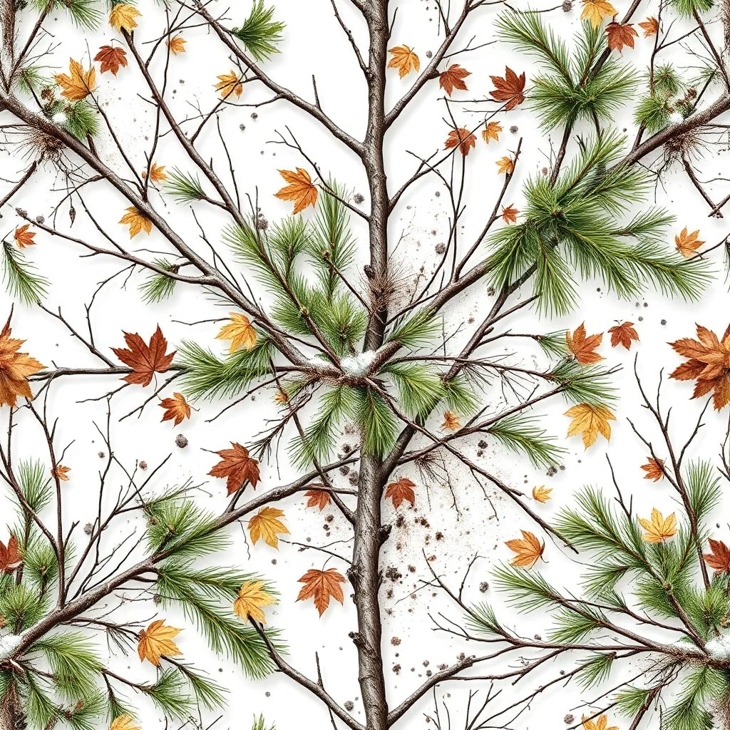 detailed Real Tree Camouflage made of bare branches, green pine branches, dried maple leaves, snow and dirt, white background, seamless repeatable texture camo pattern
