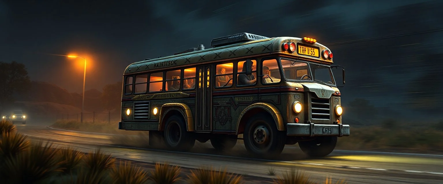 Monster bus blues, driving to the fight, Metal riffs echo through the night. Coins in his pocket, smiles all around, He’s the happiest driver in all the battleground. (Verse 2) Goblins shout, axes clink and gleam, The kids are gone, but he keeps his dream. Horn goes “BRRRAAAM,” the drums collide, make it realistic 3d graphics in the style of gta 6