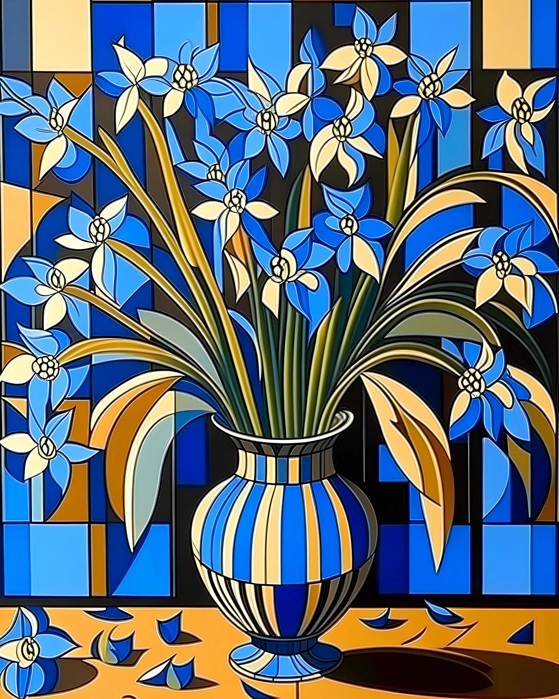 1920s cubist style, vase with a bunch of bluebell flowers.