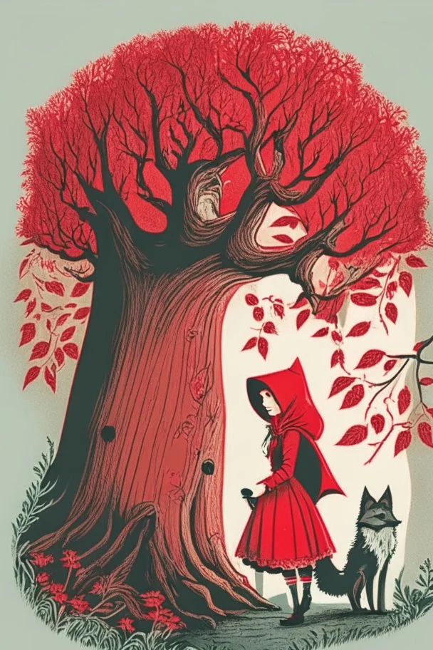 in a cosy vintage style, red riding hood marvels at a red tree while the big bad wolf lurks