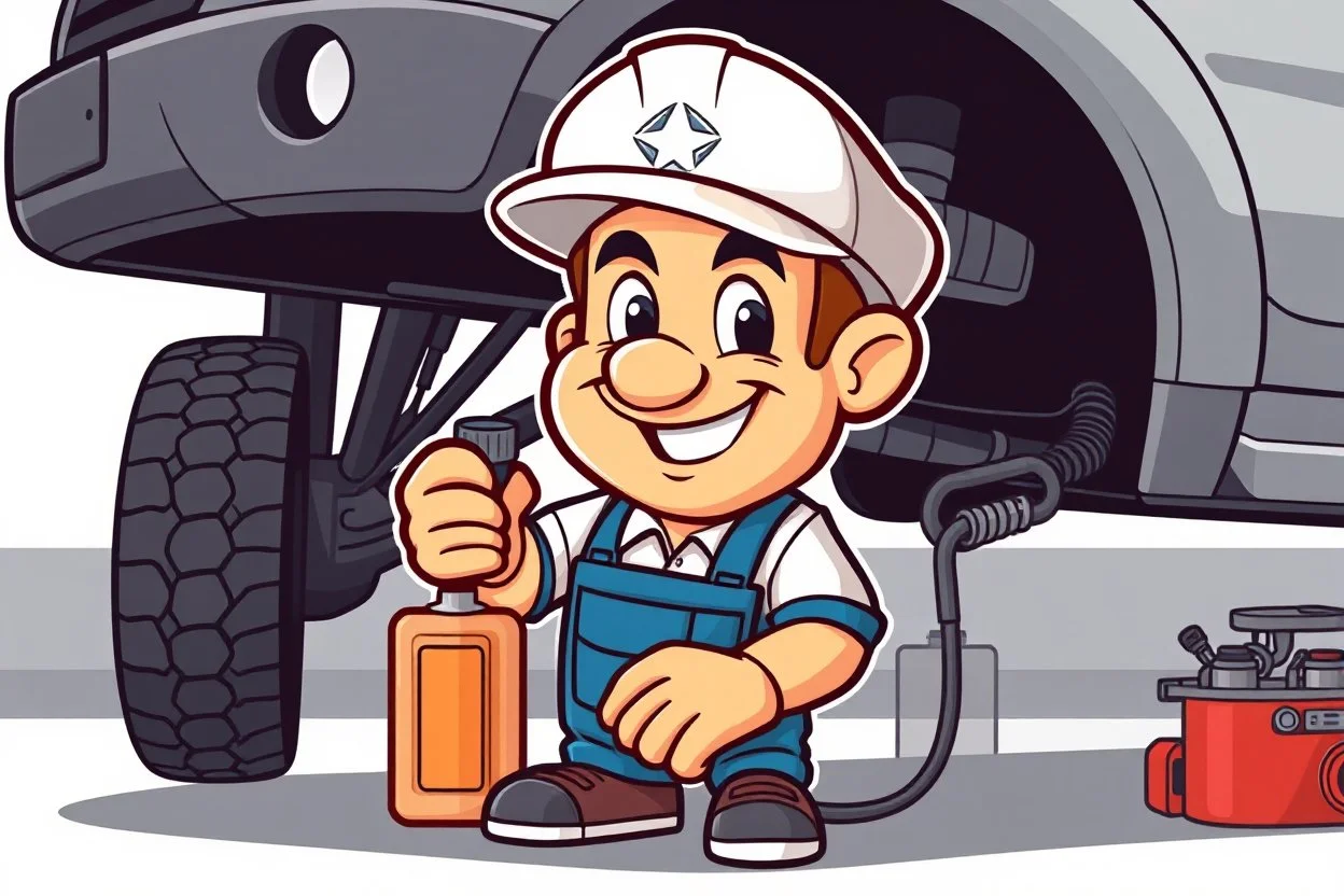 retro cartoon mascot of a vehicle mechanic, under a vehicle doing an oil change, in modern vector