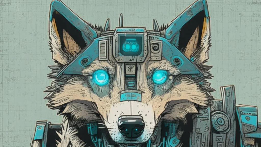 Robotic wolf looking at the camera, comic style