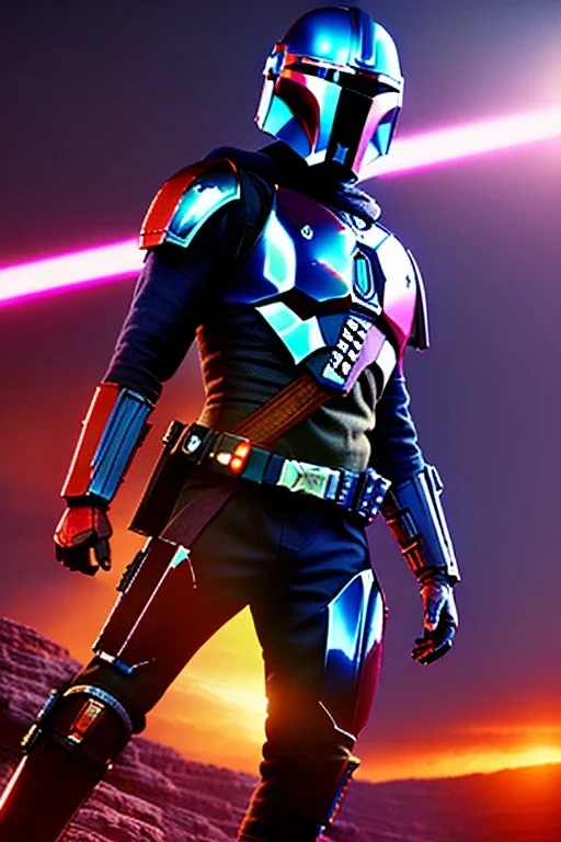 Mandalorian anime warrior, portrait from waist up, intricate eyeliner, vibrant eyeshadow, clear completion, soft lighting, 4k resolution, intricate details, insanely detailed, colorful cityscape background, masterpiece, expert, cinematic smooth, retroanime style, realistic details, no helmet