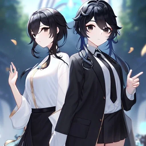 Clear focus, High resolution, short black hair, white and black hair, 2 hair colors, black eyes, wearing a black jacket and a white shirt, wearing a black skirt, 1girl, Genshin impact, long locks, long eyelashes, black tie