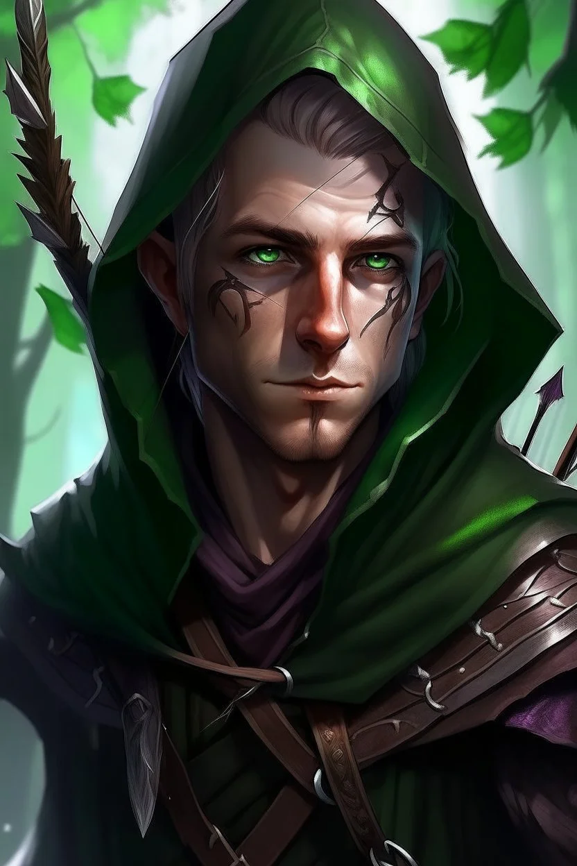 35 year old rogue gay elf, thief assassin, messy Mauve hair, sparkling green eyes, glowing brown skin, black hood, black leather, messy, disheveled, trees, sneaky, bow and arrows, tall, skinny, friendly, stoner, dangerous