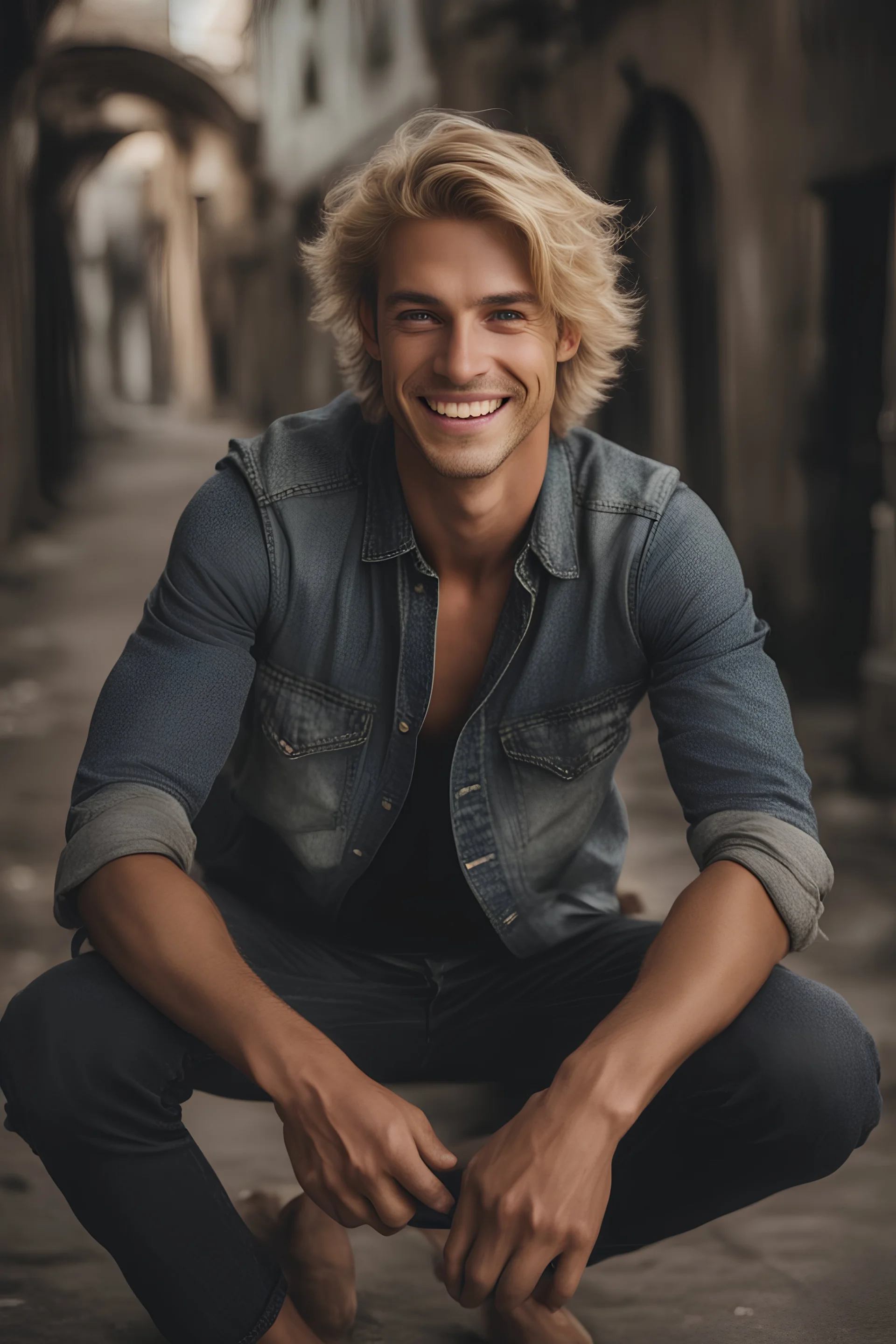 A hyper-realistic,detailed A handsome blonde young man with a beaming smile, his eyes twinkling with joy. Photo Real, HOF, full size, practicality,manufacturability,performance, (((realism, realistic, realphoto, photography, portrait, , realistic, beautiful, elegant, charming, apocalyptic environment, professional photographer, captured with professional DSLR camera,trending on Artstation, 64k, ultra detailed, ultra accurate detailed, bokeh lighting, surrealism, Thomas Kinkade background,