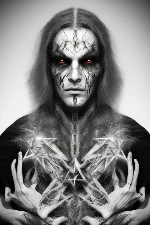 Symmetric portrait of a man with black metal facepaint, with long white hair, with a pentagram on his chest, with bloody eyes