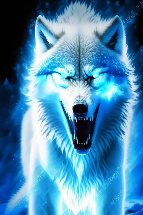 winter white gagantuan wolf beast angry glowing eyes breathing ice blue fire