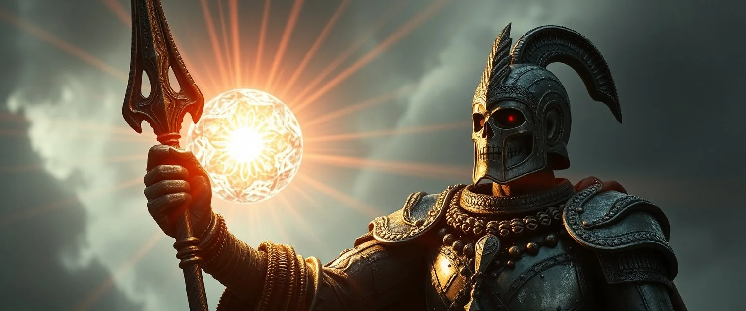 somewhat ancient nephilim soldier holding up a radiant Painite spear seen through sears crystal rosette ball