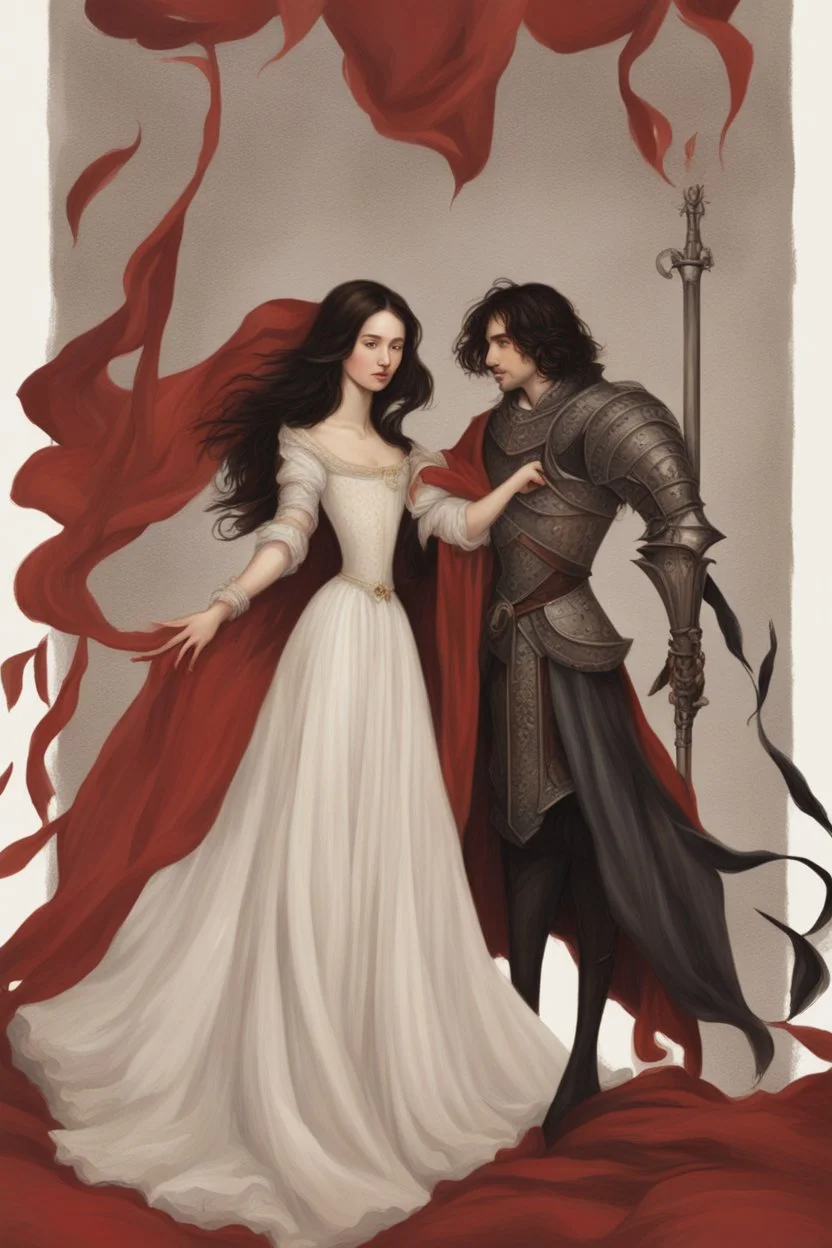 Oil painting Knights and princess wearing a dark red dress and long black hair