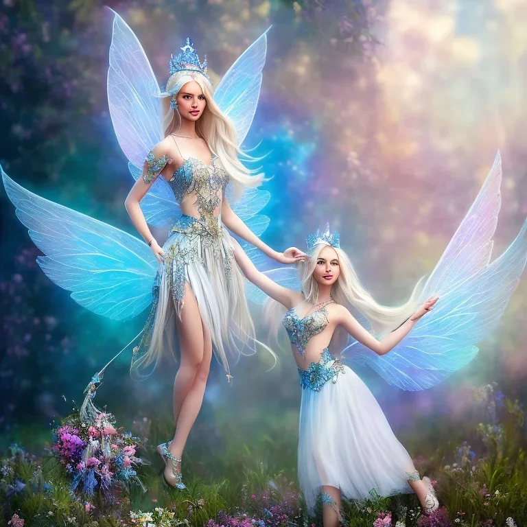 Fantasy cute fairy with wings, smiling, make up, long blond platinum hair, blue eyes, crown, beautiful dress, flowers in background, HQ