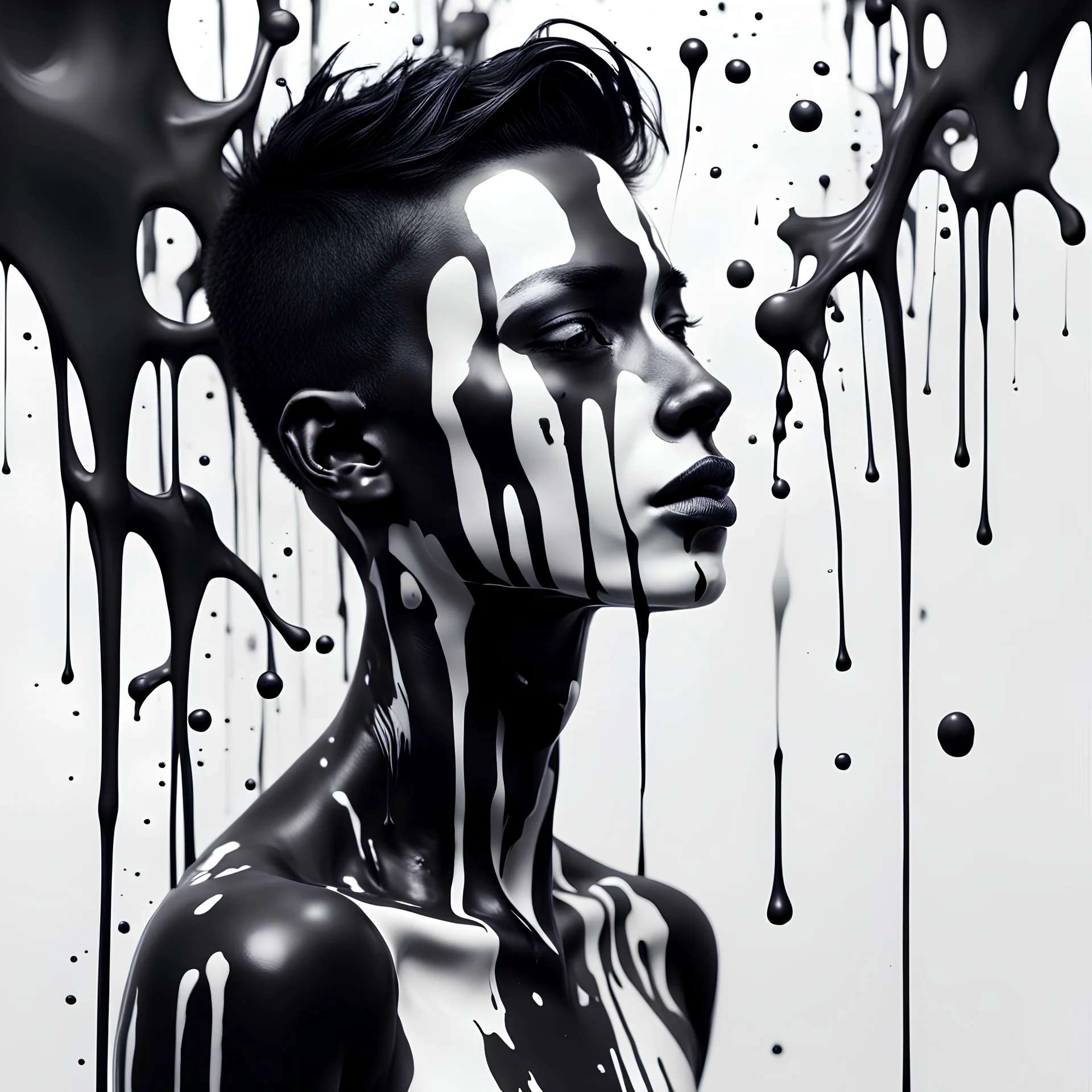 An inky humanoid male with black and white skin, spilling black and white paint all over the place, dreamy, surreal