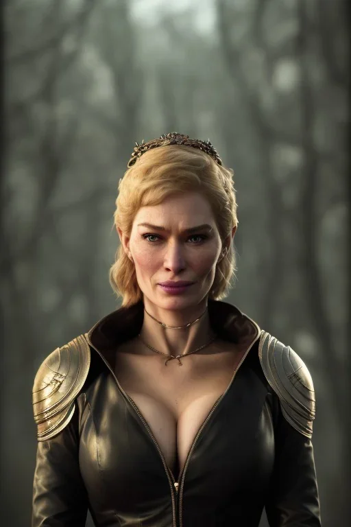 Cersei Lannister as evil woman in black leather, busty, cleavage, curvy, lena headay, angry, stern look. character design by cory loftis, fenghua zhong, ryohei hase, ismail inceoglu and ruan jia. unreal engine 5, artistic lighting, highly detailed, photorealistic, fantasy