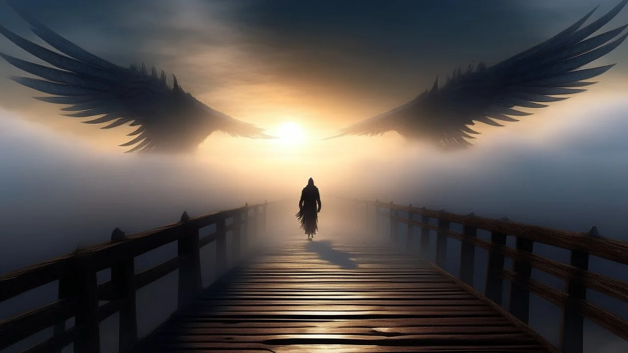 walking straight ahead over a wooden bridge, holding the angel of death with your right hand, entering the fog at the end of the road that leads to the afterlife, and a beautiful sunset and galaxy's behind the fog, realistic