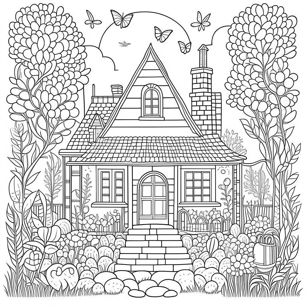 GARDEN HOUSE, "Fairy-tale Gardens: Illustrate magical moments, full view, realistic, coloring page, only draw lines, coloring book, clean line art, wildlife-inspired, kid style, –no sketch, color, –ar 3:4, white background, minimalistic black lines, 8k, minimal black color, low level black colors, coloring page, use pure black and white colors, avoid thick black colors, thin black line art, avoid colors, perfect shape, perfect clear lines, clear edges,