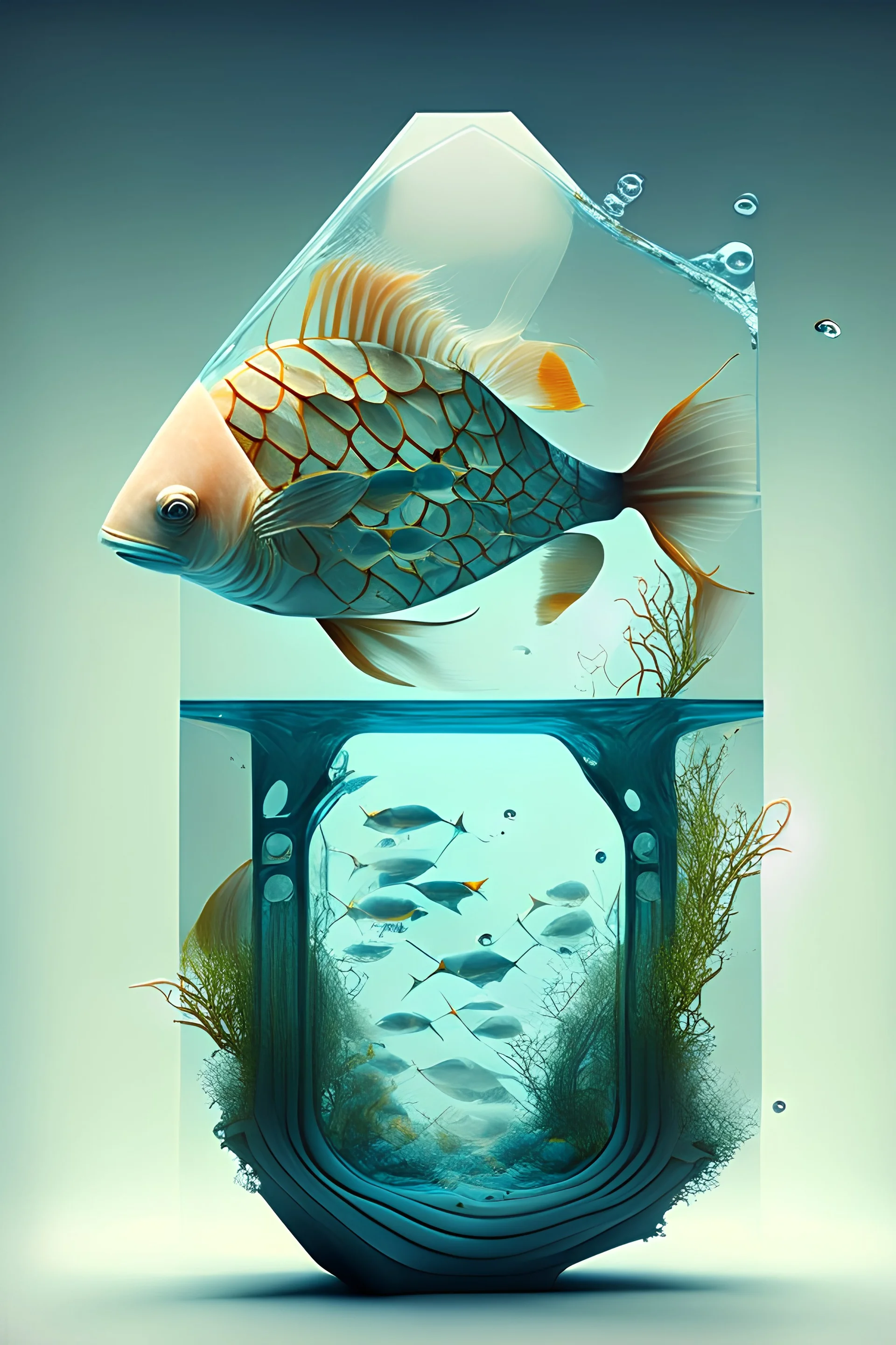 Acuario de peces , movimiento organico, formas, edificio