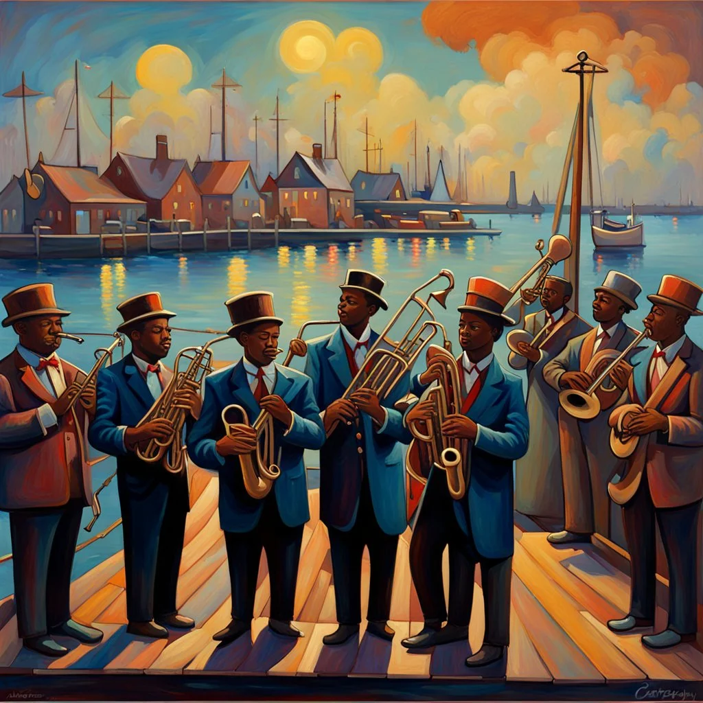 Vivid color oil painting of a brass band standing on the pier in front of a small fishing harbor, orchestra, jazz club 1 9 3 0 seconds, band playing instruments, musician, musicians, band, musicians playing instruments, the last orchestra, conductor, by Aaron Douglas , Jazz Quintet, by Carey Morris, band player, concert, by Baron Storey, entertainer, by Jasper Knudsen, silhouettes