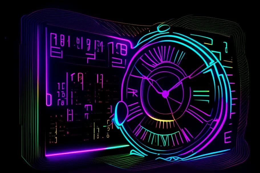 black background, outlines of a holographic clock and a calendar drawn from thin neon-coloured glowing lines