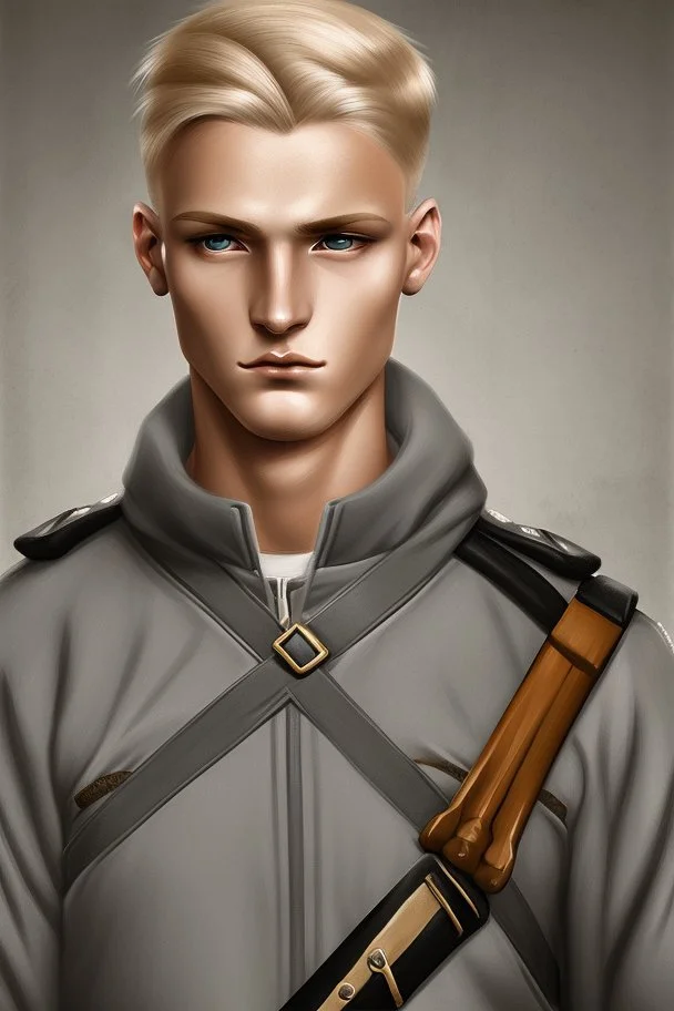 German male soldier, grey uniform, Blond hair, portrait