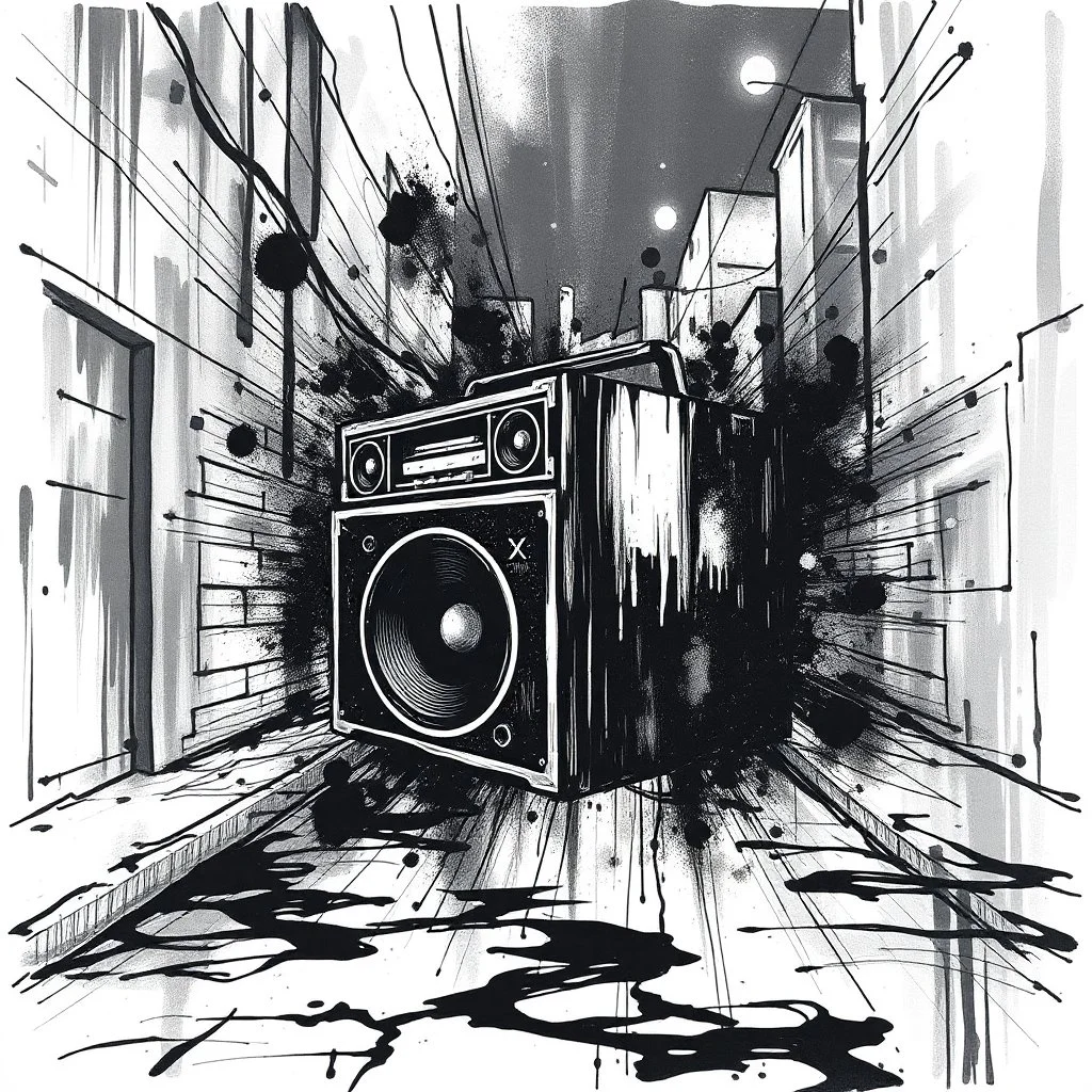 dirty back streets ghettoblaster abstract particles waves length sonic capacity black and white cube
