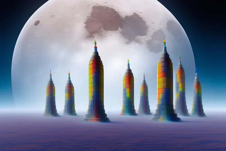 Painting of one mile tall plastic city Towers on the moon made out of stacked Rubik's Cubes, Orange, white, blue, green. Jewel tones