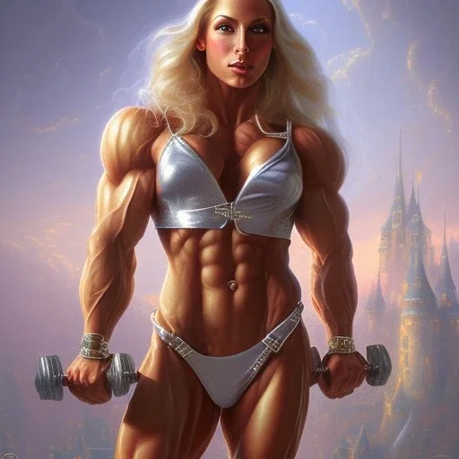 blonde female bodybuilder, castle fortress by thomas kinkade gerald brom whelan